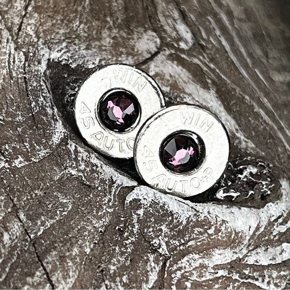 BULLET STUD EARRINGS - 45 AUTO - SWAROVSKI CRYSTAL BIRTHSTONE FEBRUARY-AMETHYST - Picture 1 of 9